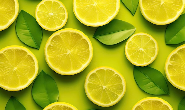 Свежие лимонные кусочки с листьями на зеленом фоне Сок зрелых цитрусовых для баннера открытка книга иллюстрационная карточка Создана с помощью генеративных инструментов ИИ