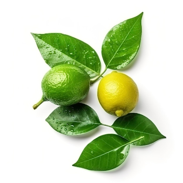 Fresh lemon with green leaves isolated on white background generate ai