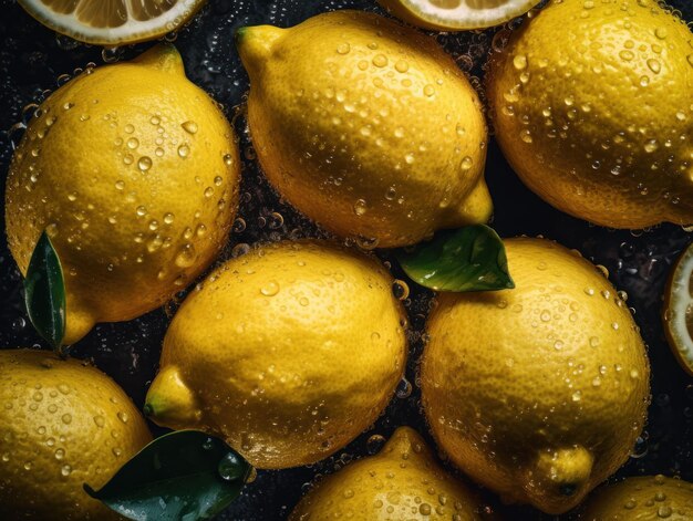 Fresh lemon with water drops close up full frame background top view