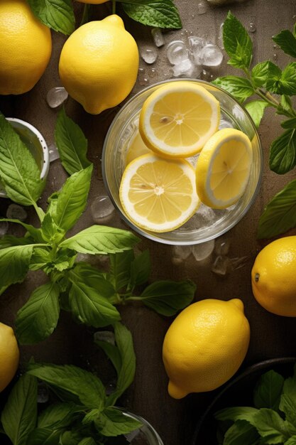 사진 식품 및 음료 개념에 완벽한 테이블에 신선한 레몬과 민트 잎