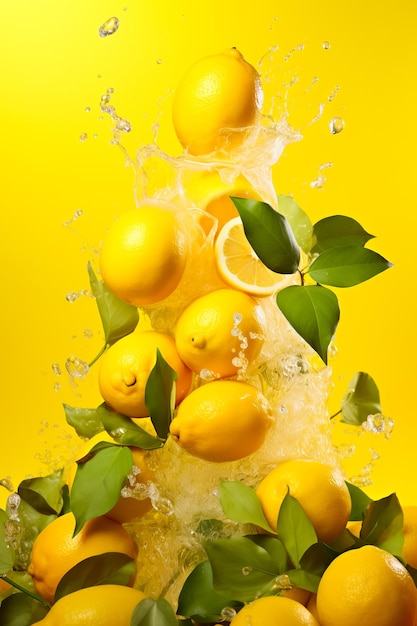 Fresh lemons falling with water splash on isolated yellow background