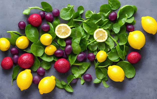 Fresh lemons and green leaves