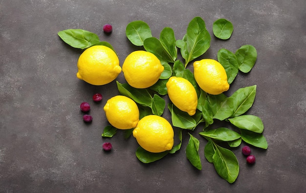 Fresh lemons and green leaves