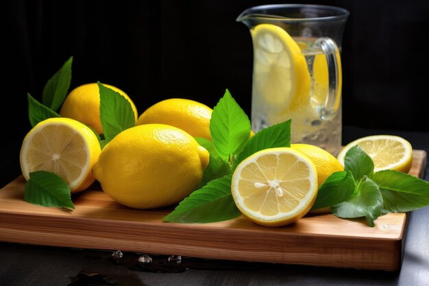 Fresh lemons and lemon slices on a wooden board