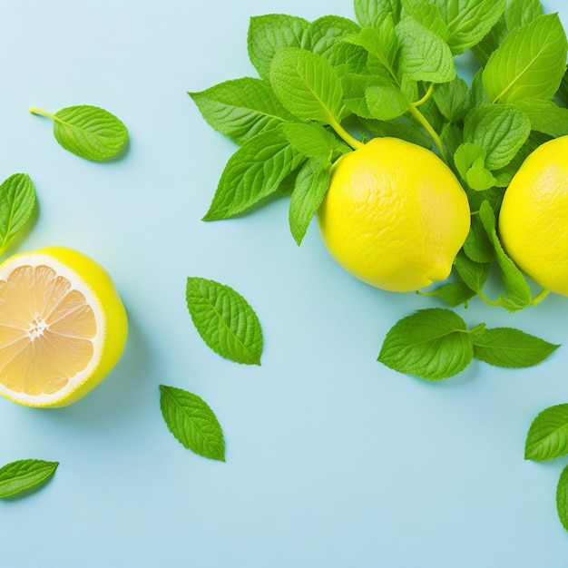 Foto limoni freschi e foglie di menta su sfondo colorato