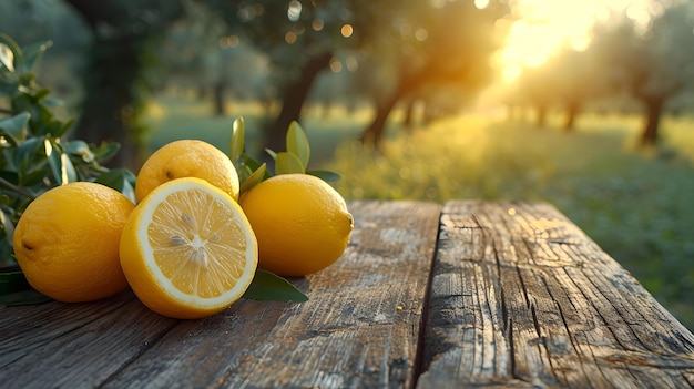 Свежие лимоны на деревенском деревянном столе на закате цитрусовые в ярких цветах здоровый образ жизни простые удовольствия природы в плену ИИ