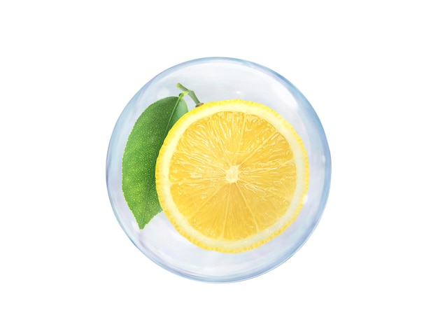 Fresh lemons slice in bubble isolated on white background