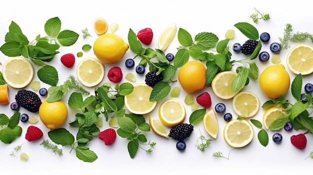 Fresh lemons and strawberries with mints overhead view