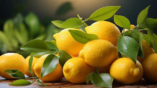 свежие лимоны на столе с зелеными листьями