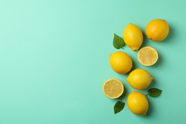 Fresh lemons, top view. Ripe fruit