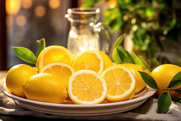 Fresh lemons with green leaves in plate