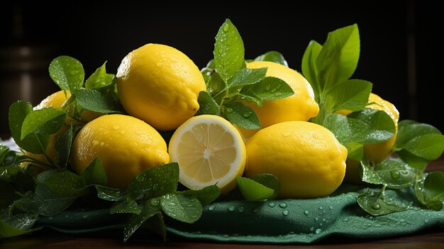 fresh lemons with green leaves