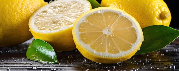 Fresh lemons with water drops Lemon and green leaves on wooden table banner