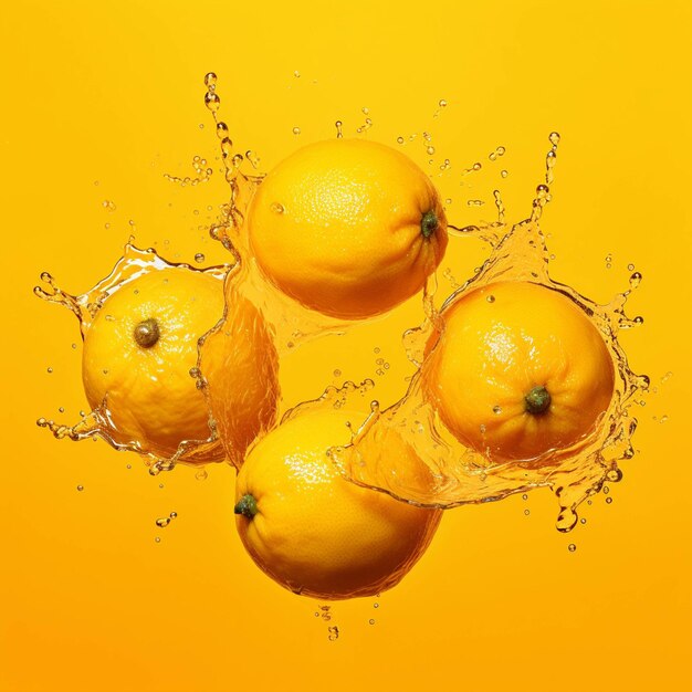 Fresh lemons with water splash on yellow background citrus fruit