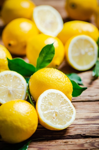 Fresh lemons on a wooden table