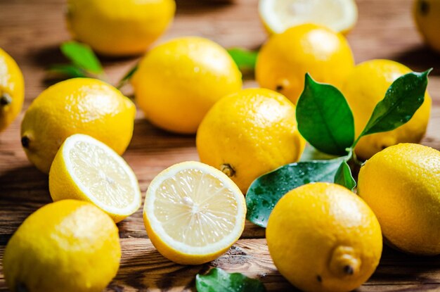 Fresh lemons on a wooden table