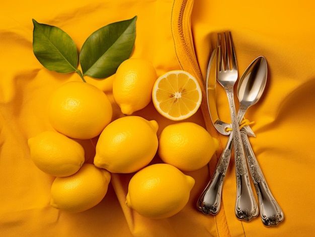 Fresh lemons on a yellow cloth with silverware