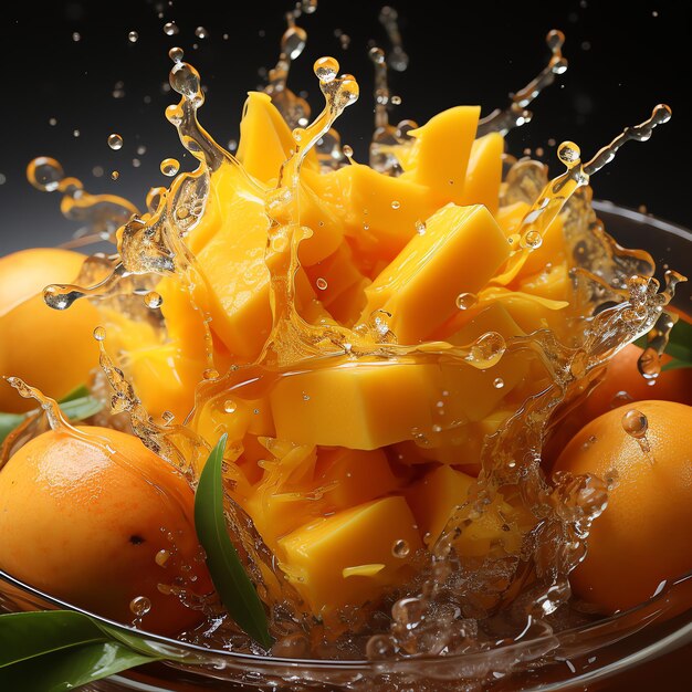 Fresh lemons and yellow mangoes splashed with water