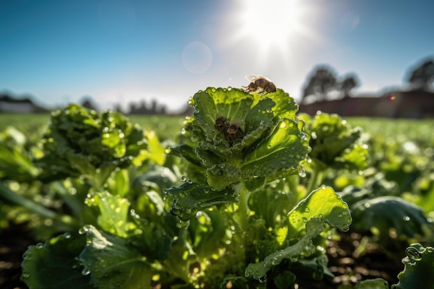 Fresh lettuce in the field bright dew Bees pollinating Vibrant green generative IA