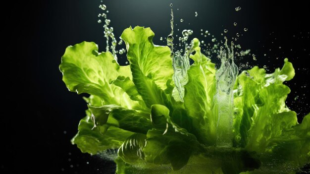 Fresh lettuce floating with water splashes on studio background