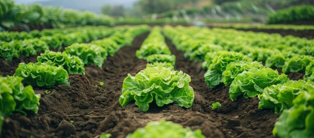 Photo fresh lettuce growing in neat rows on a farm