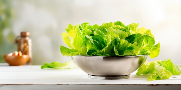 Photo fresh lettuce leaves in a metal colander copy space ai generated