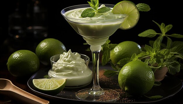 Foto cocktail di lime fresco con fetta di limone e guarnizione di foglie di menta generato dall'intelligenza artificiale