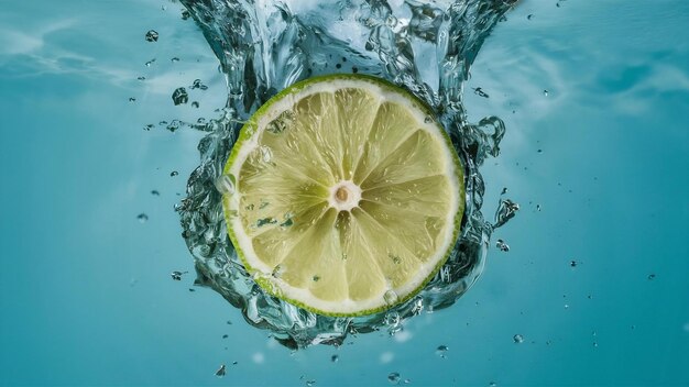 Fresh lime falling into water