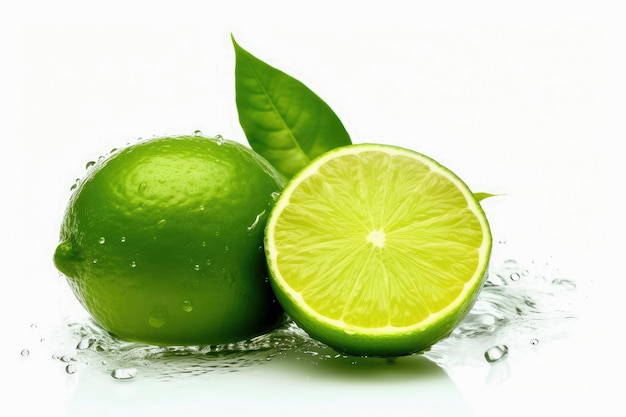 Fresh lime Isolated with sliced and green leaves on white background Created with Generative Ai Technology