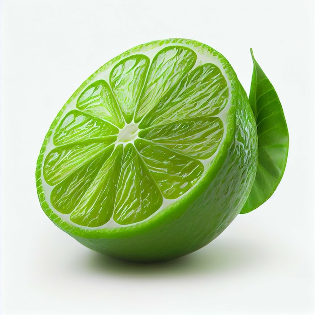 Fresh lime slice with leaf on white background