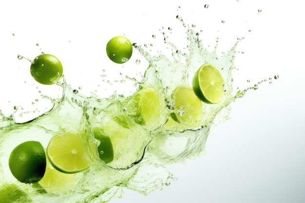 Fresh lime slices splashing deep into water