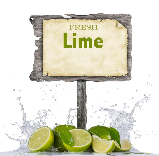 Photo fresh lime in water splash on white