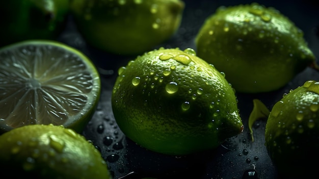 Fresh lime with water splashes and drops on black background