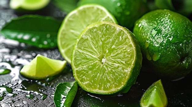 Fresh lime on wooden background selective focus generative ai