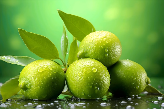 Fresh limes with green leaves and water drops on a green background