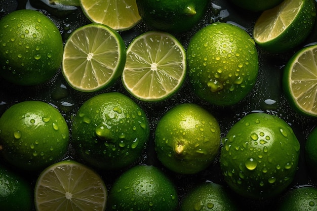 Fresh limes with water drops on black background Top view