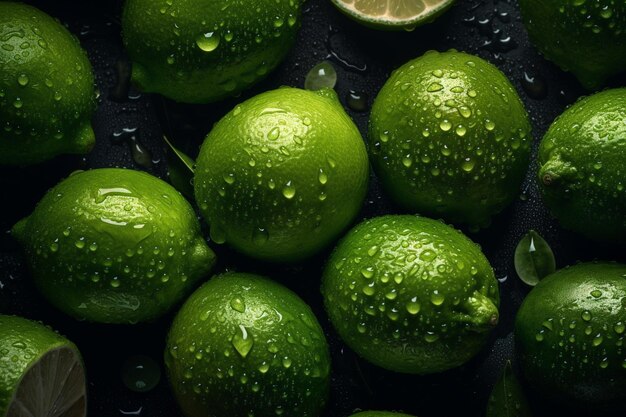 Fresh limes with water drops on black background Top view