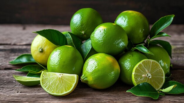 Foto lime fresche su un tavolo di legno con foglie e una foto di alta qualità di lime