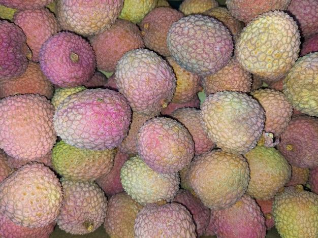 Fresh litchi chinensis lychee delicious fruit chinese plum top view