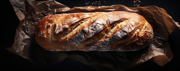 A fresh loaf of bread photographed from above on a black background Generative AI