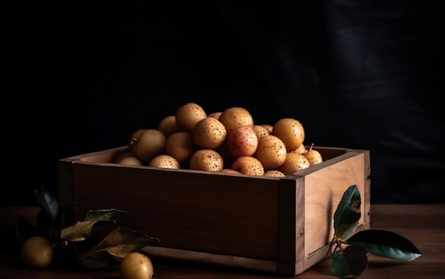 Fresh Longans in wooden crate