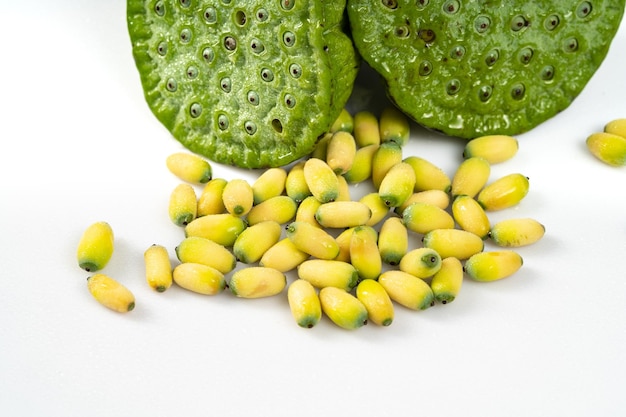 Фото Свежие семена лотоса на простом фоне