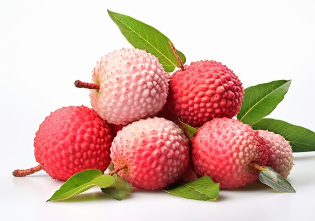 Fresh lychees with leaves on a white background closeup