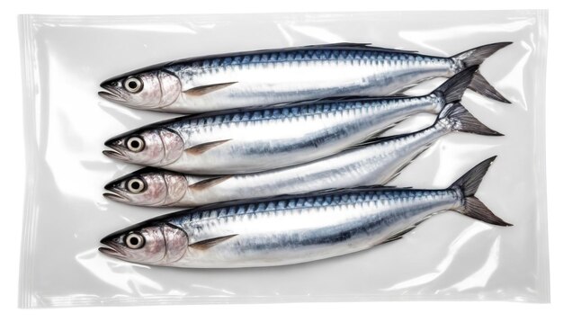 Photo fresh mackerel fish with vacuum plastic bag isolated on white background