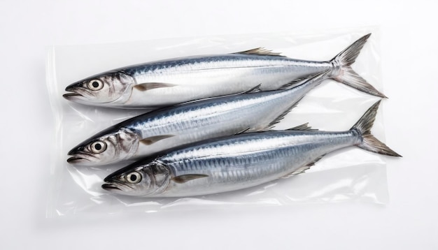 Photo fresh mackerel fish with vacuum plastic bag isolated on white background