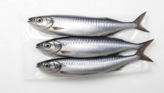 Photo fresh mackerel fish with vacuum plastic bag isolated on white background