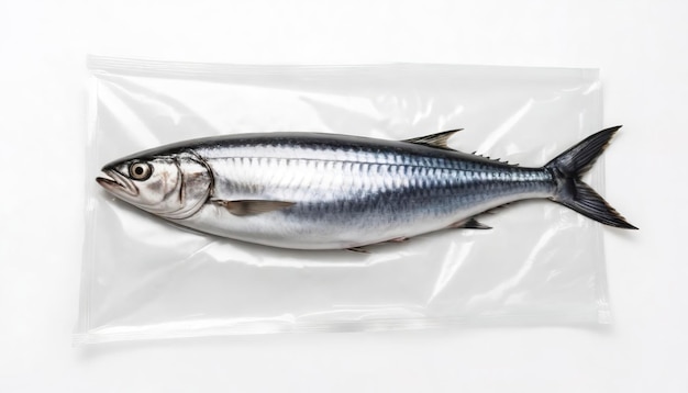 Fresh mackerel fish with vacuum plastic bag isolated on white background
