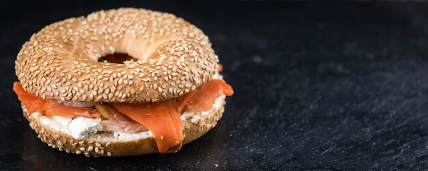 Fresh made bagel with salmon selective focus