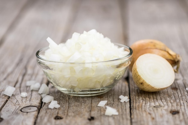Fresh made Chopped white onions on a rustic background