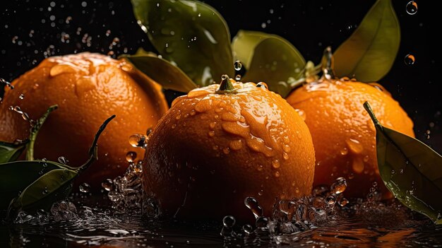 Fresh Mandarin hit by splashes of water with black blur background